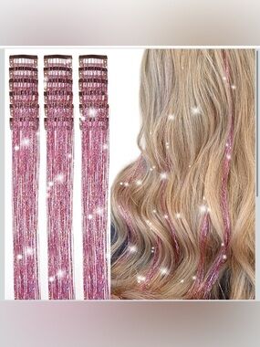 Glitter Hair Tinsel Extensions Fair Hair Clips PINK 2PACKS Brand New